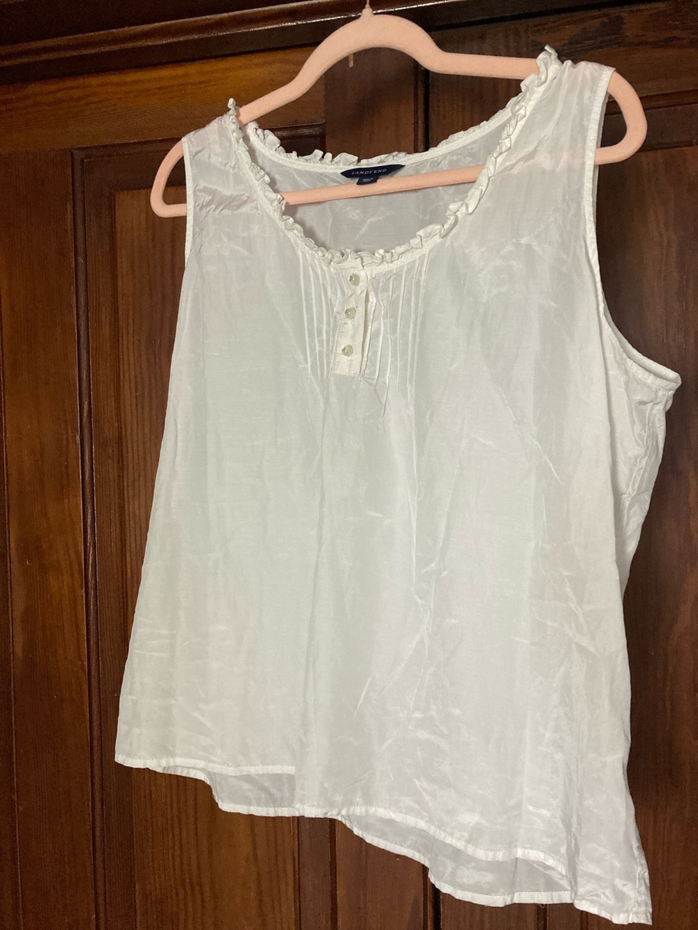Lands’ End Sleeveless Ruffle-Trim White Seide Baumwolle Blend Tank Top 16P